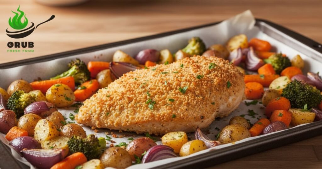 Baked panko chicken breast with crispy golden crust and roasted vegetables.