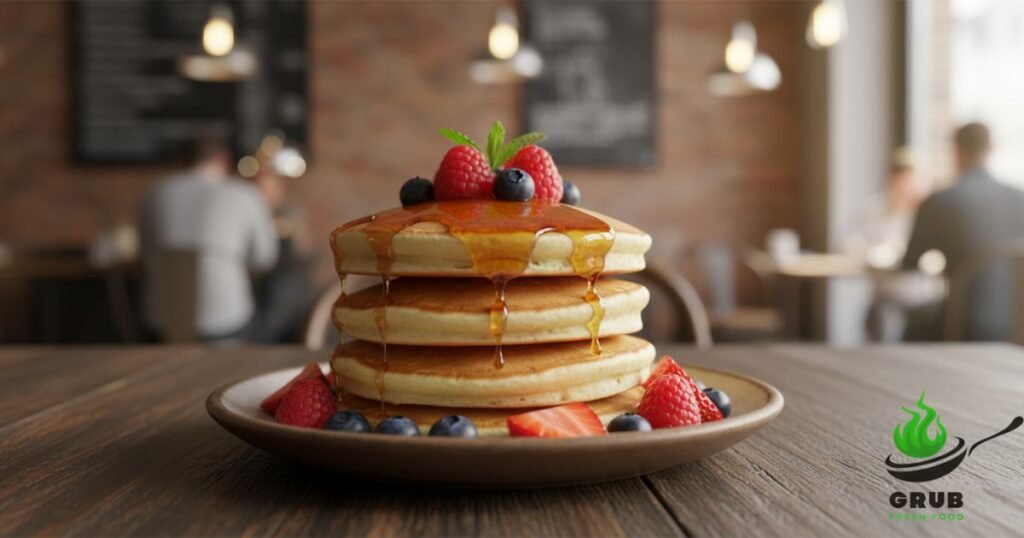 Soufflé pancakes with syrup and berries at Cafe Luluc, Cobble Hill NYC.