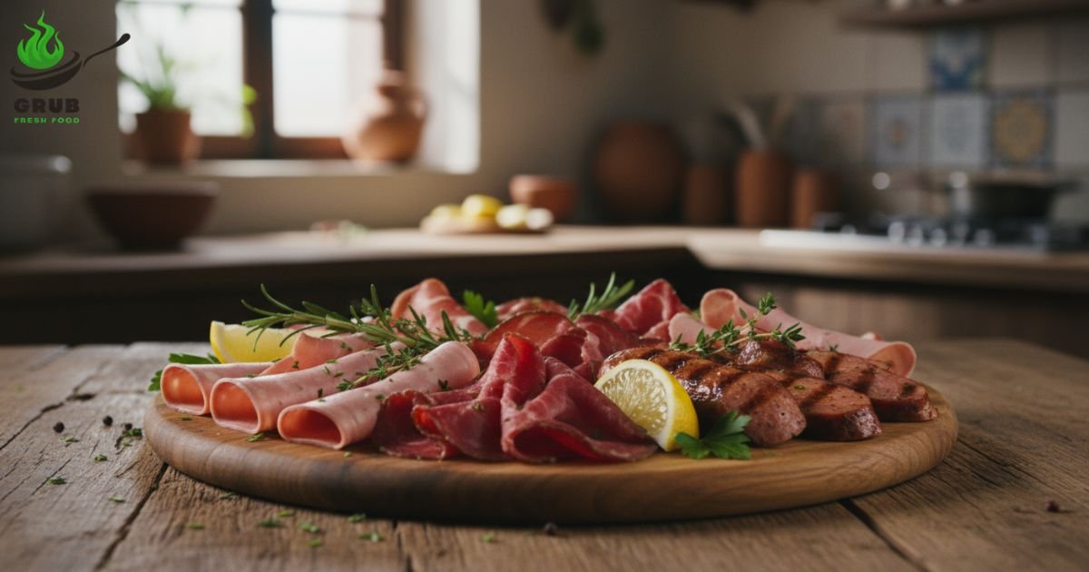 Thinly sliced chicken mortadella, beef bresaola, and grilled chicken sausage on a wooden platter, garnished with herbs and lemon wedges