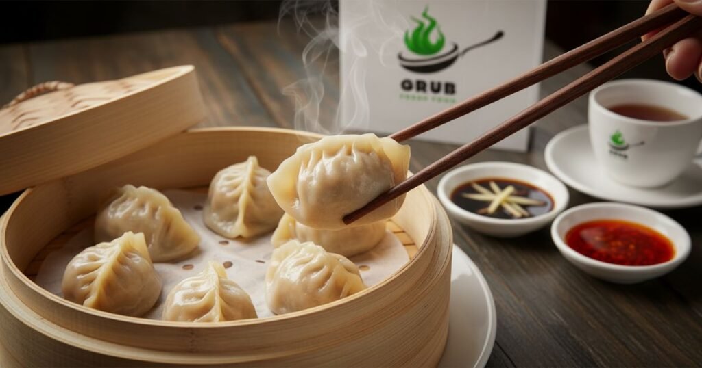 Freshly steamed Chinatown NYC dumplings in bamboo basket.