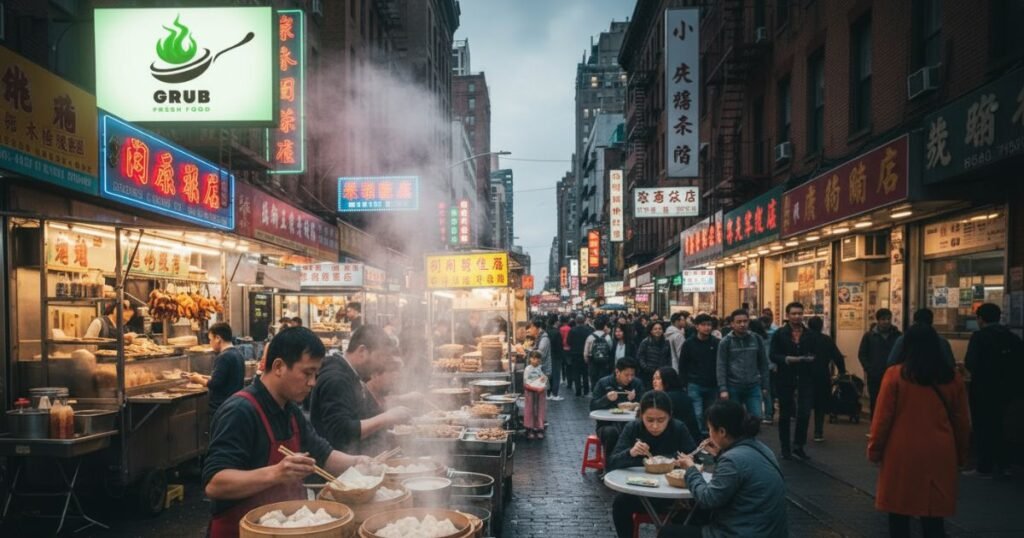 Chinatown NYC dumplings street food scene with steaming baskets.