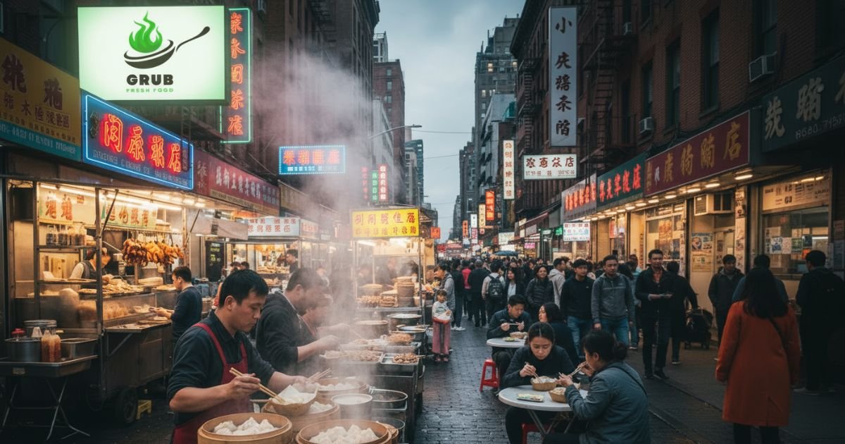 Chinatown NYC dumplings street food scene with steaming baskets.