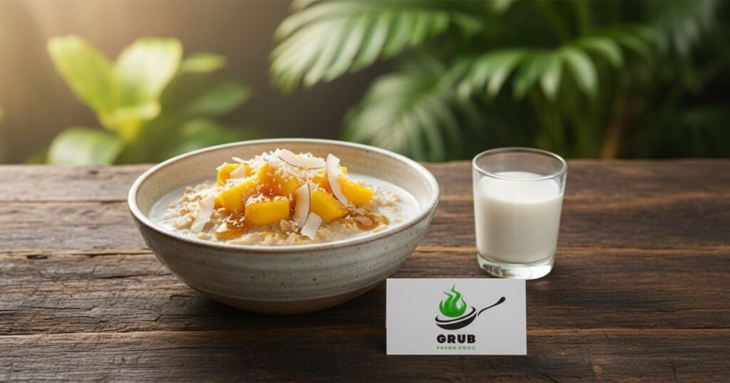Coconut milk and oats topped with mango and shredded coconut.