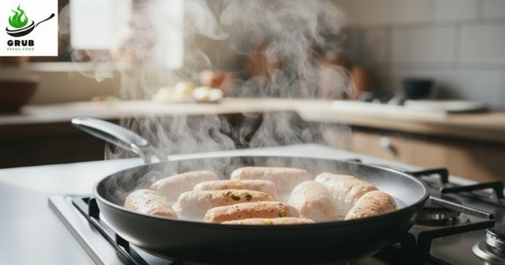 Chicken mortadella steaming in a pan on the stove.