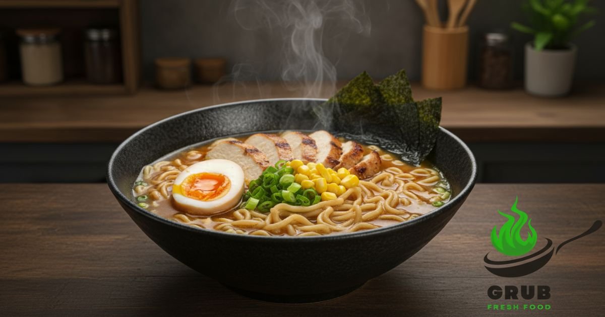 Steaming homemade ramen noodles with chicken, egg, corn, scallions, and seaweed in a rustic bowl