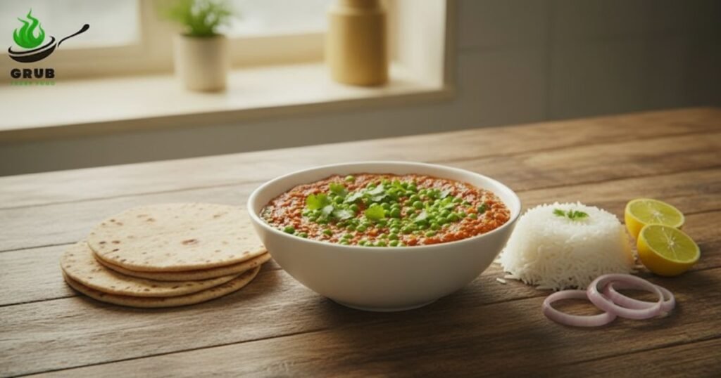 Dry peas curry served in a bowl with chapati, rice, and lemon wedges.