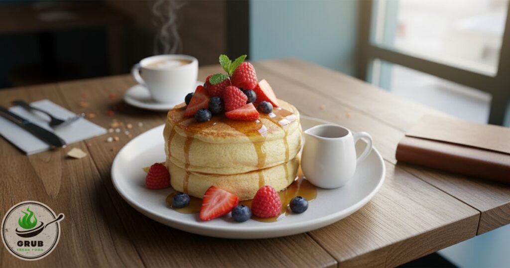 Plate of fluffy Japanese pancakes with berries at Fossetta, Lower East Side.