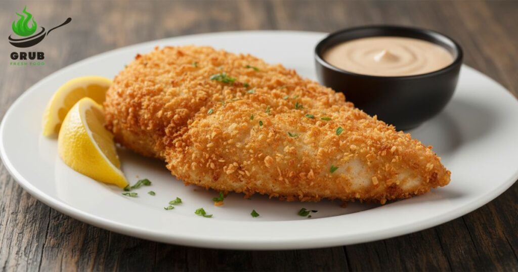 Crispy fried panko chicken breast with lemon wedges and dipping sauce.