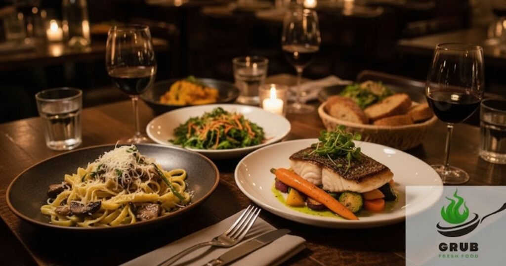 Seasonal dishes from Hearth NYC menu with pasta, fish, and vegetables