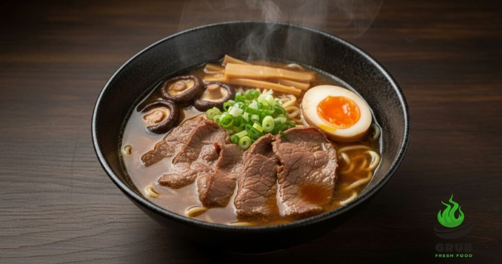 Steaming bowl of beef ramen with soft-boiled egg, mushrooms, scallions, and bamboo shoots in a rustic bowl.