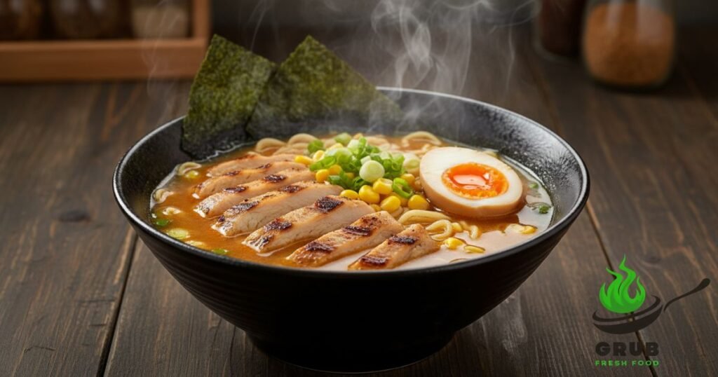 homemade ramen recipe: Steaming bowl of chicken ramen with soft-boiled egg, corn, scallions, and nori in a rustic bowl.