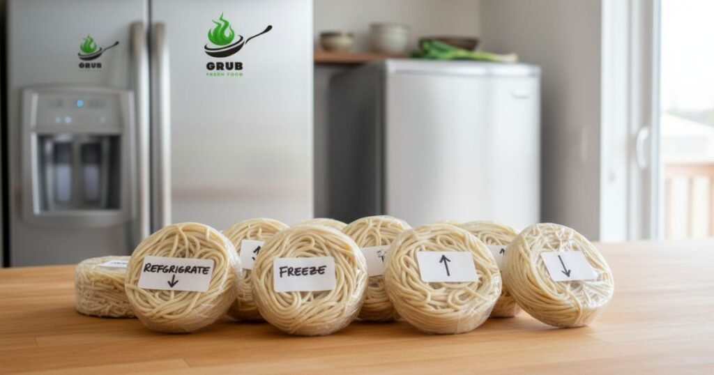 Fresh homemade ramen noodles wrapped in plastic, ready for refrigeration or freezing.