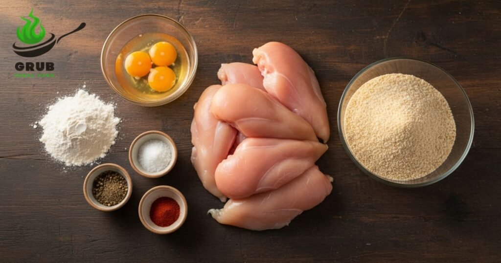Fresh ingredients for Panko Chicken Recipe including chicken breasts, panko breadcrumbs, flour, eggs, and spices.