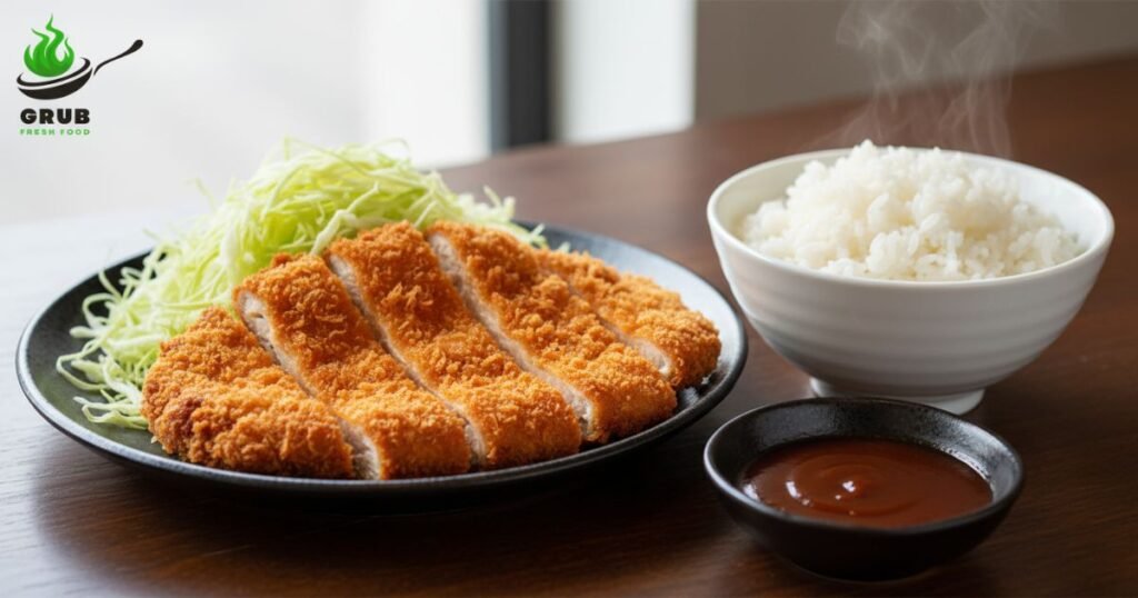 Japanese chicken katsu with rice, cabbage, and tonkatsu sauce.