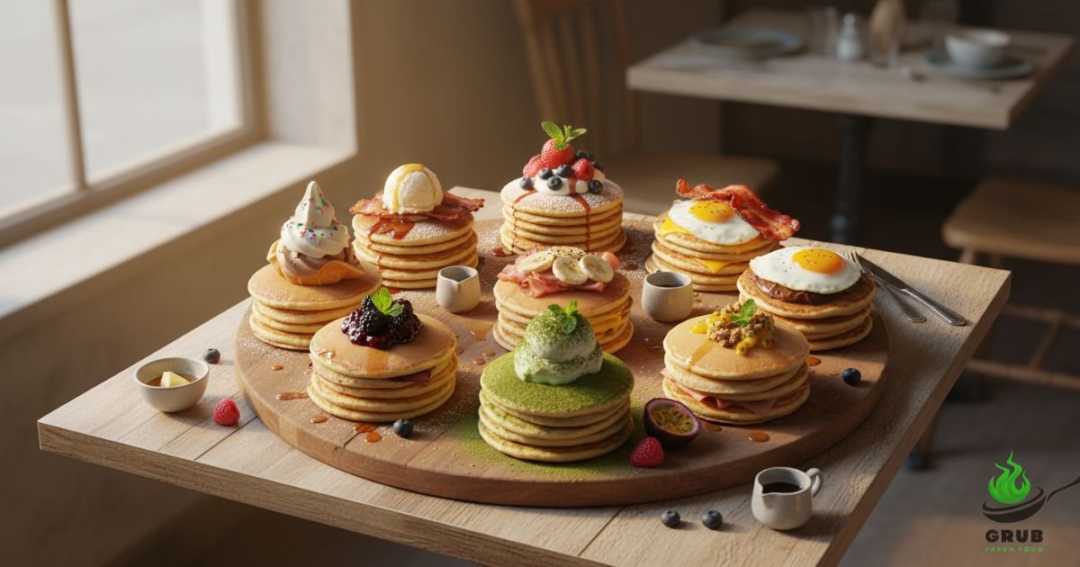 Stack of golden, fluffy Japanese pancakes with fresh berries and syrup in a sunlit NYC café.