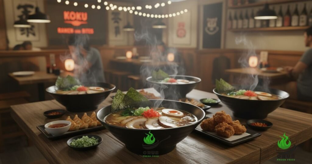 Koku Ramen and Bites NYC interior with ramen bowls and side dishes.