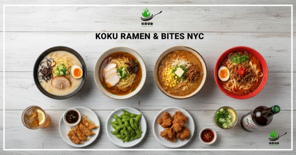 Koku Ramen menu showing different ramen bowls, appetizers, and drinks.