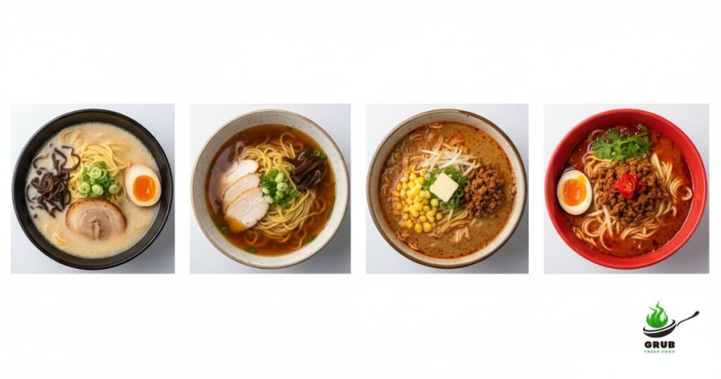 Four different ramen bowls in one image arranged in four columns, featuring tonkotsu, shoyu, miso, and spicy ramen.