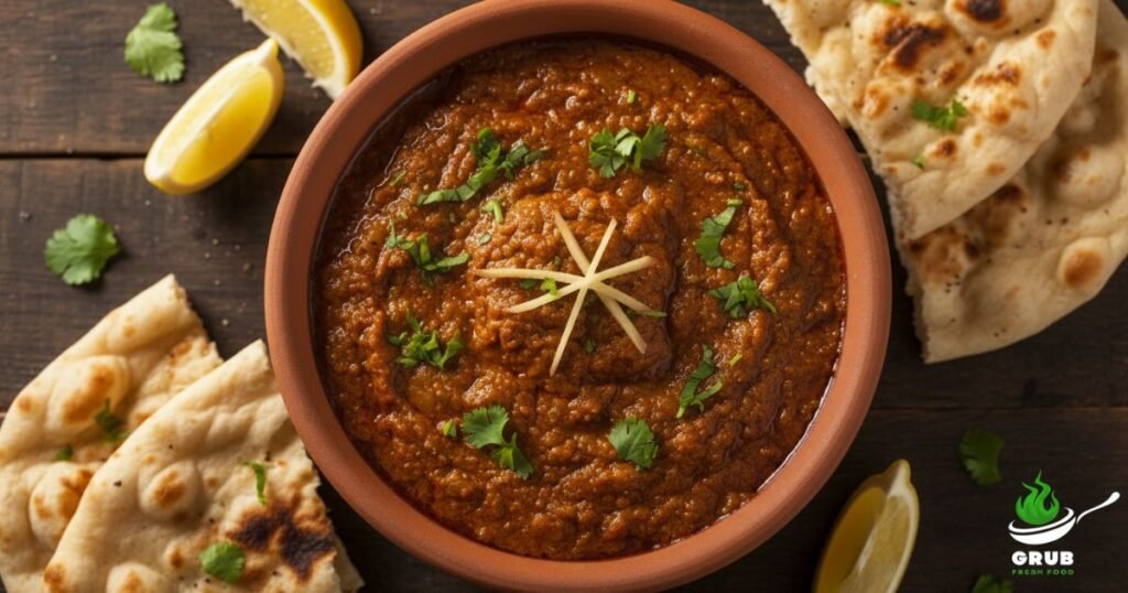 Lamb Brain Masala served with naan and lemon wedges
