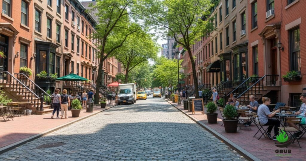 Christopher Street in West Village New York with cafes and historic buildings.