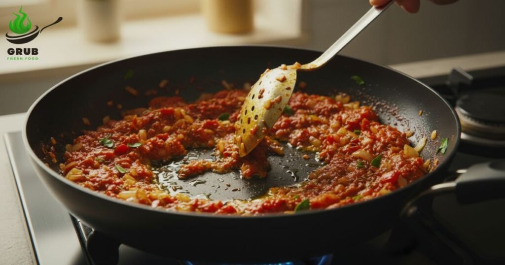Onion, tomato, and spices cooking in a pan for masala base.