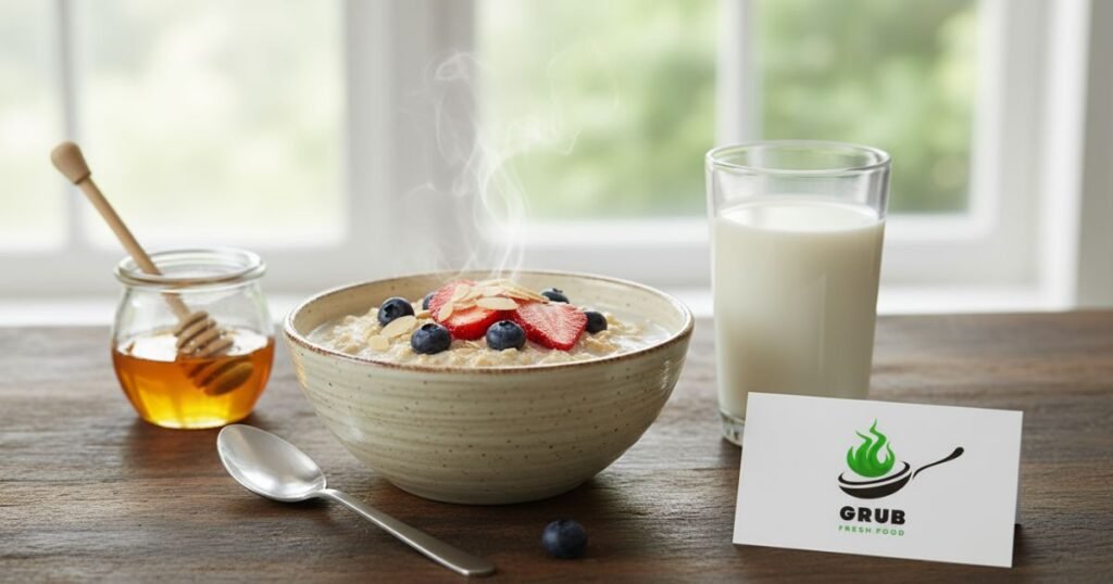 Milk and oats breakfast bowl with fruits, nuts, and honey.
