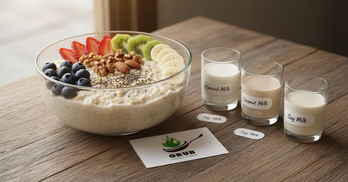 Milk and oats breakfast bowl with almond, coconut, and soy milk variations.