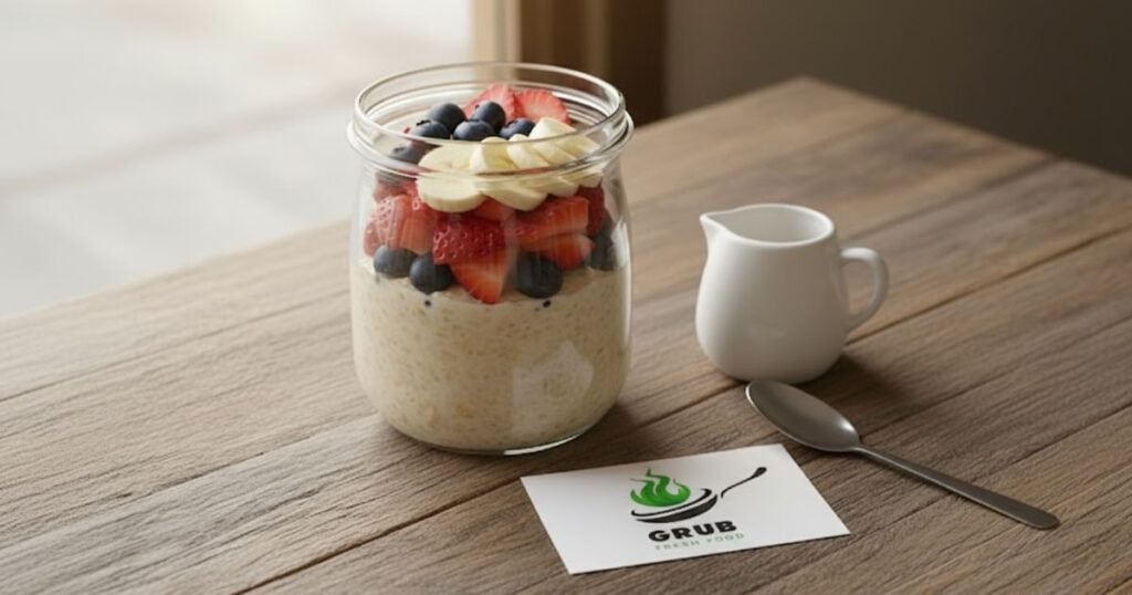 Overnight milk and oats in a jar topped with fruit and chia seeds.