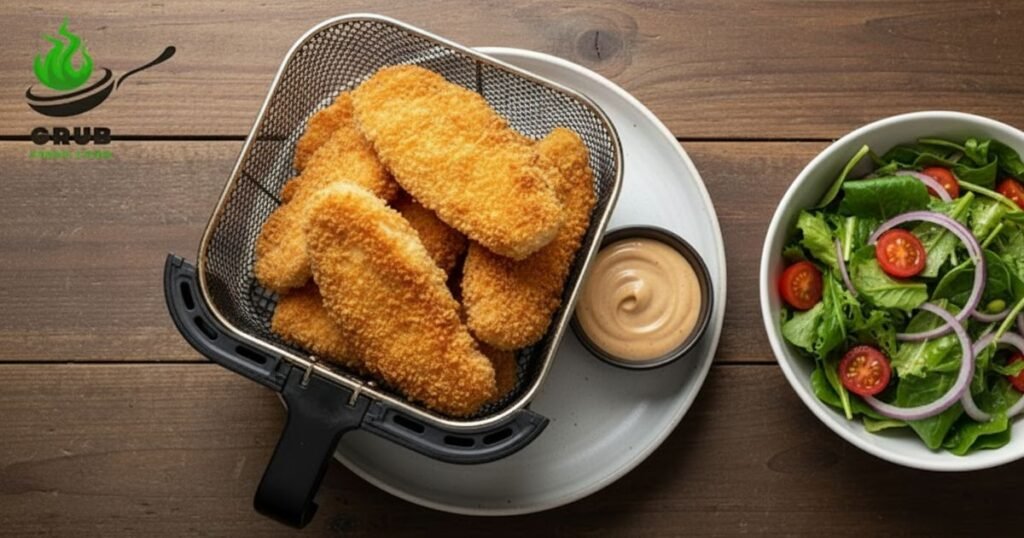 Crispy panko chicken cooked in an air fryer served with dipping sauce.