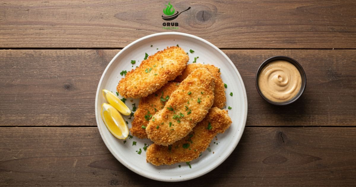 Crispy golden panko chicken cutlets with parsley and lemon wedges on a plate.