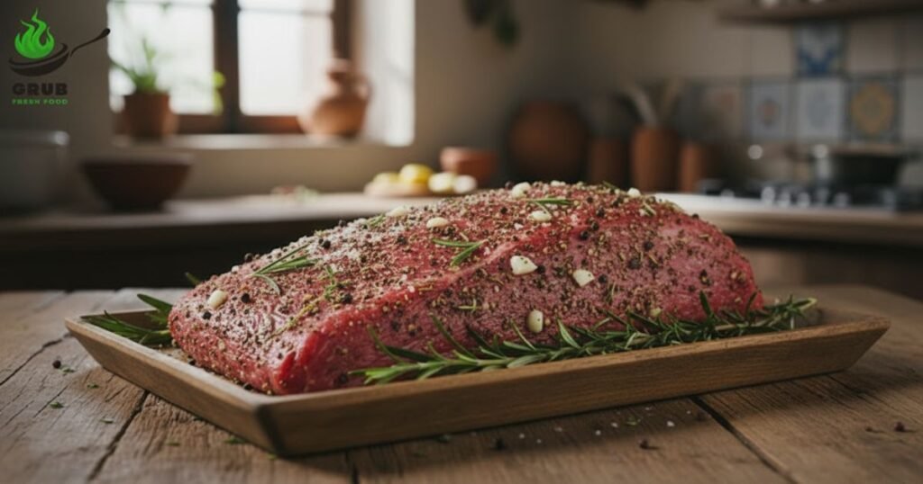Lean beef rubbed with salt, pepper, and herbs on a tray.