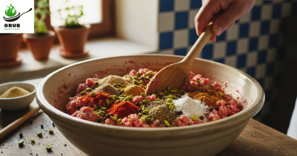 Ground chicken mixed with spices and pistachios in a mixing bowl.