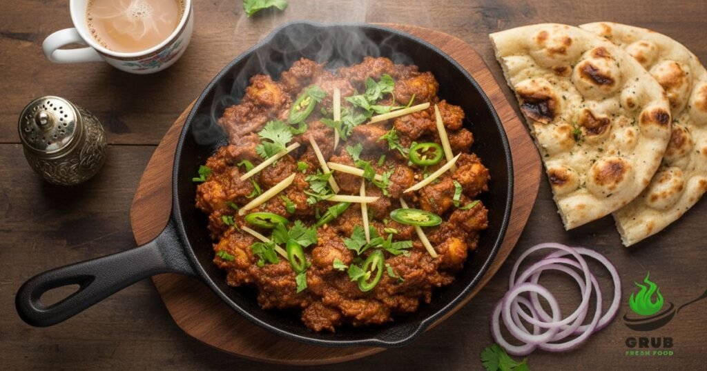 Brain Masala Fry served hot with naan and garnishes