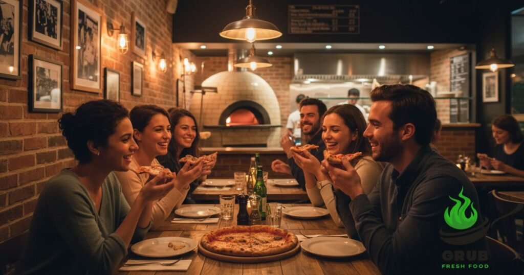 Customers enjoying pizza at a New York pizzeria.