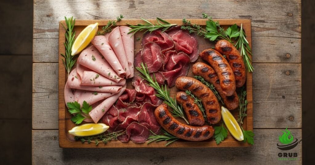 Thinly sliced chicken mortadella, beef bresaola, and grilled chicken sausage on a wooden platter with herbs and lemon wedges.