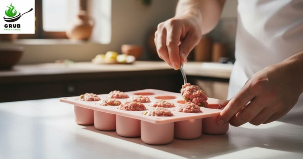 Chicken mortadella mixture being filled into silicone molds.