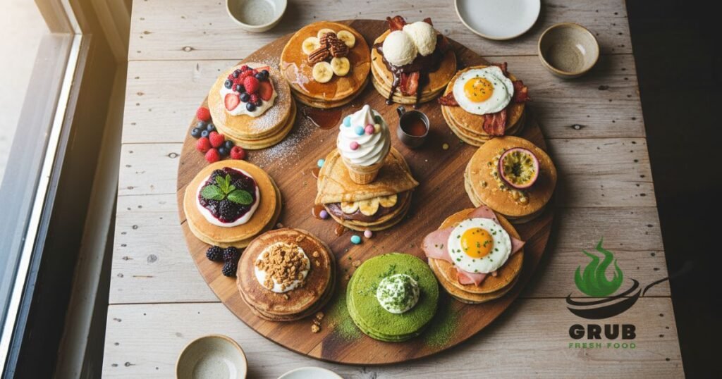 A single platter showcasing the top 10 Japanese pancakes in NYC with unique toppings from Fossetta, Flipper’s NYC, Cafe Luluc, and other popular spots.
