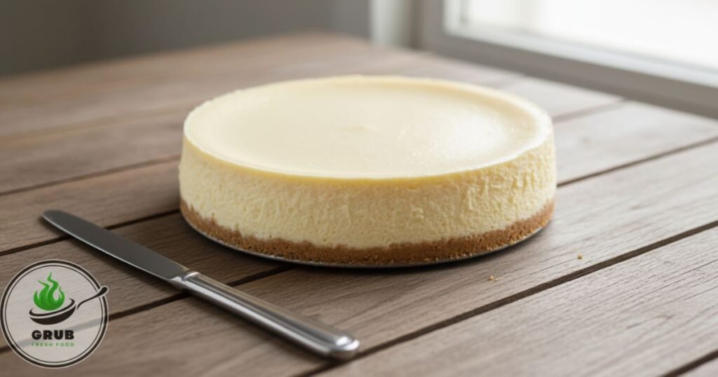 Perfect New York style cheesecake with a smooth top and creamy texture.