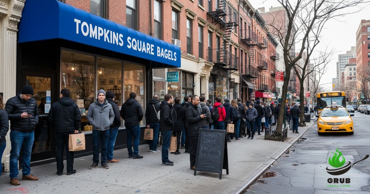 Tompkins Square Bagels shop in New York City with customers outside.