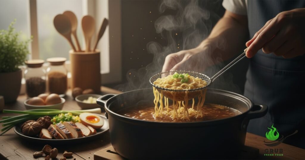 Chef adding fresh noodles to simmering ramen broth with fresh ingredients on the counter.