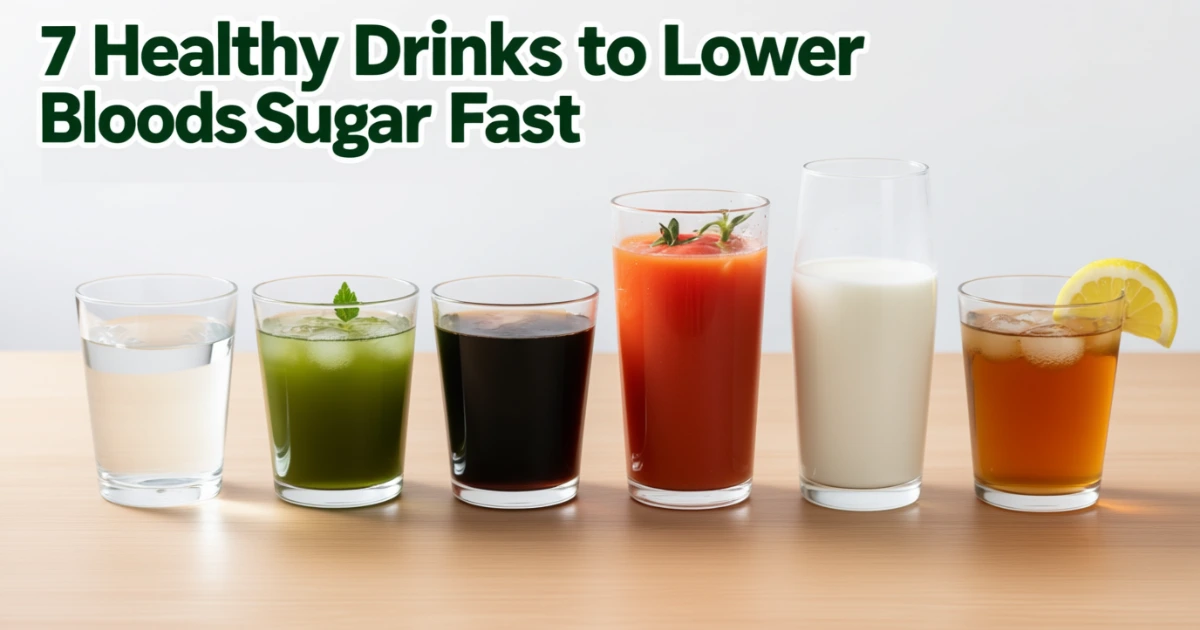 7 healthy drinks including water, green tea, black tea, tomato juice, milk, kefir, and ginger-lemon tea that may naturally lower blood sugar