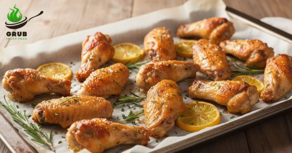 Crispy baked chicken wings in the oven with golden brown skin.