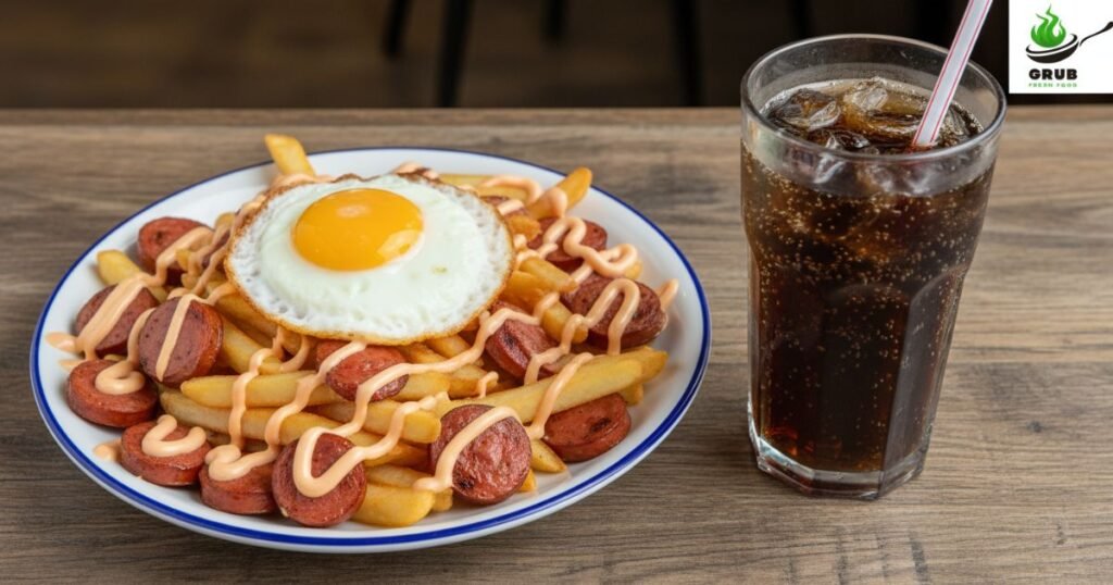 Colombian salchipapa served with sauces, fried egg, and soda.