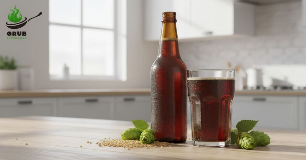 Glass and bottle of malt non alcoholic drink with barley and hops.