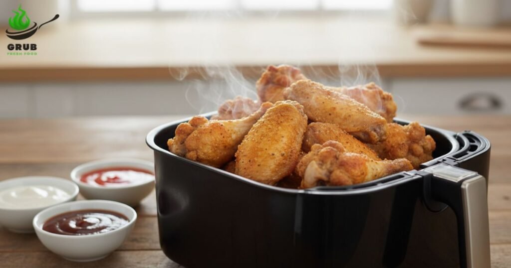 Air fried crispy chicken wings in a basket fresh from the air fryer.