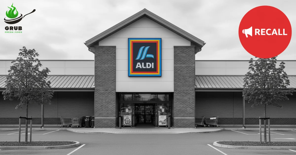 Aldi supermarket storefront with colored Aldi sign, black-and-white background, and a red recall warning badge.
