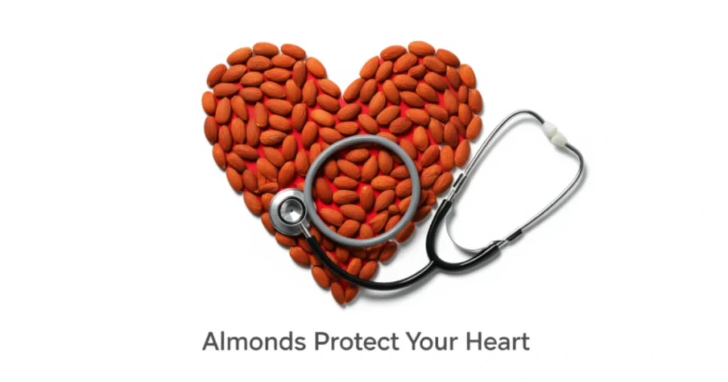 Heart made of almonds with stethoscope, showing almond benefits for heart health.