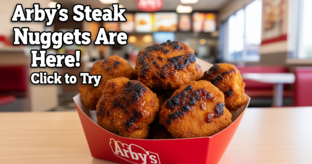 Arby’s Steak Nuggets in a 5-piece container with BBQ sauce and smoky charred texture