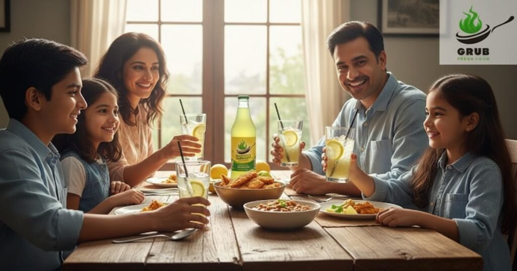 Family enjoying lemon malt drinks together at a dining table