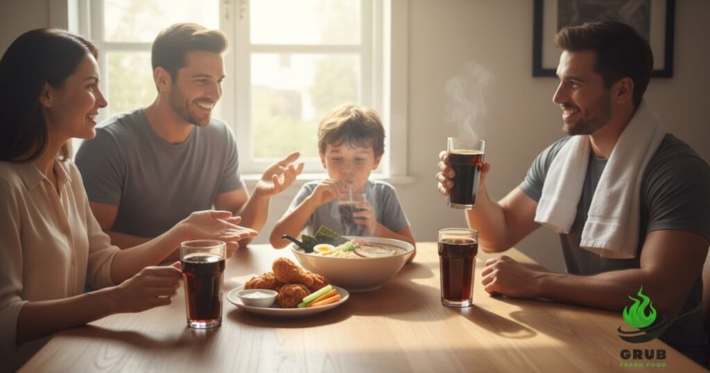 Family and athlete enjoying malt non alcoholic drinks together.